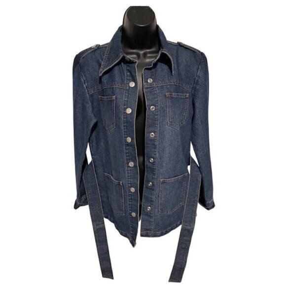 Zena Jeans Women’s M Y2K Blue Denim Belted Jean Jacket Snap Front Pockets - Picture 1 of 10